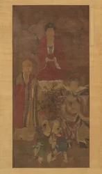 Shakyamuni com luohan, rei celestial e meninos, início do século XVII.