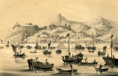 Xangai, um dos cinco portos abertos pelo final do tratado ao comércio britânico, 1847