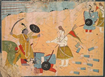 Shiva intercede por Vanasura: cena da seção Aniruddha Usha de Krishna Lila, c. 1840
