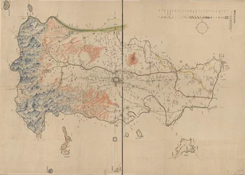 Mostra montanhas, rios, cidades, aldeias, mercados, templos e estradas no Condado de Anyang, Província de Henan. Relevo mostrado pictorialmente. Disponível também através do website da Biblioteca do Congresso como imagem raster. Número de chamada anterior: