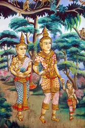 Siddhartha Gautama, a sua esposa Yashodhara e o seu filho Rahula. Pintura que retrata a história da vida do Buda Shakyamuni. Wat Naxai. Vientiane. Laos, 20151106, Vientiane, Laos