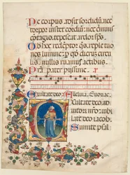 Única folha retirada de um saltério do coro: E inicial [xultate Deo] com o rei David Playing, c 1408.