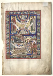 Única folha retirada de um livro do evangelho: A Natividade anterior e São Mateus verso, c. 1190