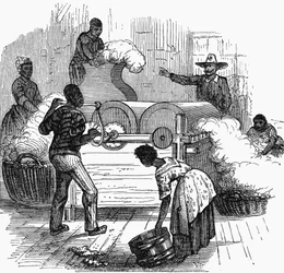 Trabalho escravo em uma plantação de algodão nos estados do sul da América, 1860