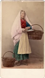 Um pequeno metier: um comerciante com cestas de vime, Veneza. Século XIX Imprimir em cartão Dim. 10,6x6,4 cm