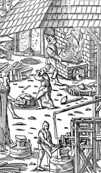 Fundição de ferro e barras de martelo com um martelo mecânico, 1556