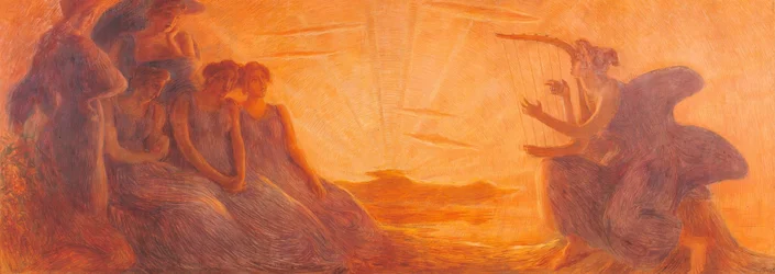 Algumas mulheres ouvem a música que sai das cordas de uma harpa