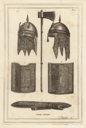 Capacete de Souja Dowla com capuz de malha 2,3, machado de batalha 1, peitoral e peça traseira 4,5, e armadura 6