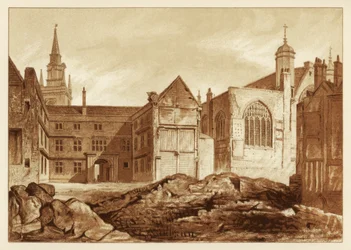 Vista sudeste da Guildhall Chapel e Blackwell Hall, cidade de Londres, 1886