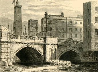 Extremidade sul da ponte velha de Londres, com torre de tiro e igreja de St. Olaves, em 1820, c1878.
