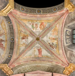 Transplante Sul primeiro vão leste, Jacob envia o filho de José para o Pasto, Lote dos Irmãos para passarinho José, Ruben sugere ser lançado no poço, José vendido a comerciantes, Catedral de Santa Maria Assunta, Duomo, Cremona, Lombardia, Itália (foto)