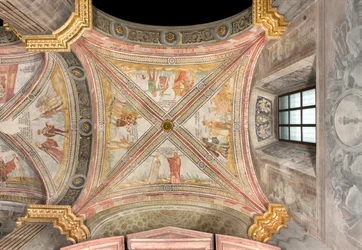 Transplante Sul primeiro vão leste, Jacob envia o filho de José para o Pasto, Lote dos Irmãos para passarinho José, Ruben sugere ser lançado no poço, José vendido a comerciantes, Catedral de Santa Maria Assunta, Duomo, Cremona, Lombardia, Itália (foto)