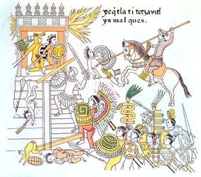 Conquistadores espanhóis com seus aliados nativos de Tlazcalan atacando um templo asteca, século XVI