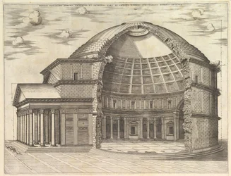 Speculum Romanae Magnificentiae: O Panteão, separado para mostrar o interior, 1553.