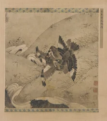 Brigando com Mynas acima de um riacho, dinastia Ming, séculos XV-XVI.