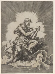 São João, sentado e segurando um instrumento de escrita em uma tábua, uma águia de fora ..., depois de 1518.