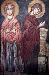 Santa Marina, e a Virgem Maria Timios Stavros tou Agiasmati igreja, Santa Cruz de Agiasmati Chipre Século XV Igrejas pintadas UNESCO site Troodos, Chipre