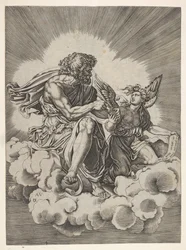 São Mateus, sentado em uma nuvem com as pernas cruzadas e mergulhando uma pena em um tinteiro ..., depois de 1518.
