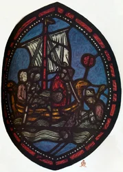 Janela de São Nicolau na Câmara de Jerusalém da Abadia de Westminster: Nicolau e o falso peregrino,