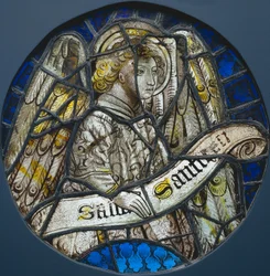 Roundel de vitral com um anjo segurando um pergaminho, c. 1425-1450.