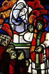 Vidro manchado representando Don Bosco na igreja de Notre-Dame-de-la-Trinite , Blois, França