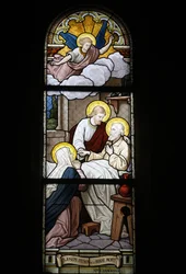 Vidro manchado na igreja católica de Notre Dame du Rosaire: São José, santo padroeiro da morte, Saint-Ouen, França