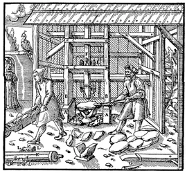 Pilão mecânico para partir bolos de copelação de cobre para posterior refinação, 1556