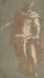Homem barbudo em pé segurando um livro, 1530-60.