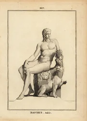 Estátua de Baco, o deus romano do vinho, sentado nu com um cacho de uvas e um cão