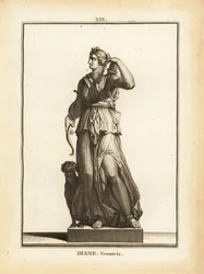 Estátua de Diana Venatrix, deusa romana da caça, com arco, flecha e aljava