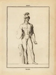Estátua de Marte, deus romano da guerra, com capacete e escudo.