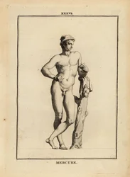 Estátua de Mercúrio, deus romano do comércio e da comunicação, em petasos de chapéu alado com pele de cabra