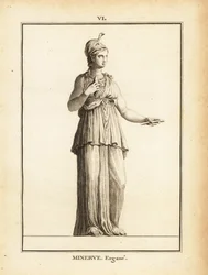 Estátua da deusa romana da sabedoria Minerva Ergane (Minerva trabalhadora), com elmo e serpente
