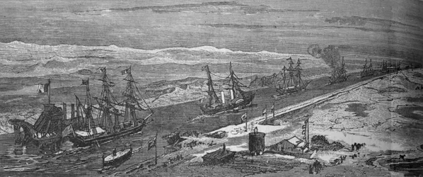 Navios a vapor passando pelo canal de Suez, c1882