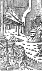Produção de aço: uma forja com foles para produzir calado, 1556