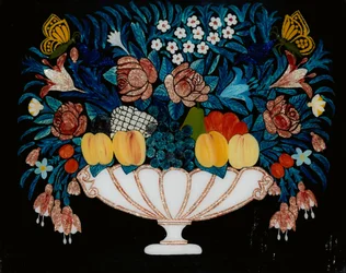 Ainda vida - flores e frutas na tigela branca e rosa, 1840-60.