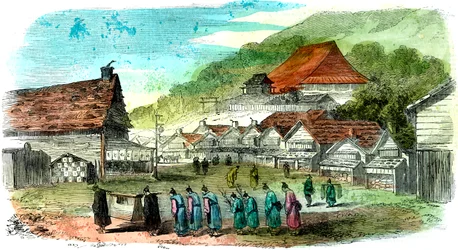 Rua em Hakodate e procissão fúnebre, Japão, 1856
