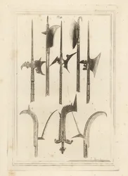 Lâmina de espada halberd 1,3,5, bico castanho 2, eixo Lochaber 4, bico antigo 6, bico com sinos pequenos 7, e bico encontrado em Battefield, Shrewsbury 8