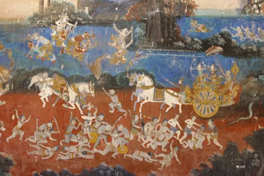 Sylver Pagoda Este mural retrata cenas do Reamker que é o cambojano, ou Khmer, versão do clássico poema hindu Ramayana, Phnom Penh, Camboja.