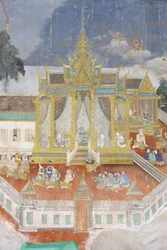 Sylver Pagoda Este mural retrata cenas do Reamker que é o cambojano, ou Khmer, versão do clássico poema hindu Ramayana, Phnom Penh, Camboja