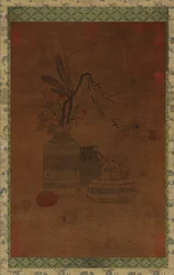 Tapeçaria: uma tigela, dois jarros, flores e frutas, possivelmente dinastia Ming, 1368-1644.