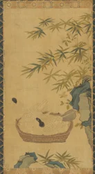 Tapeçaria: pombas tomando banho em tigela, pedras e bambus, Possivelmente dinastia Ming, 1368-1644.