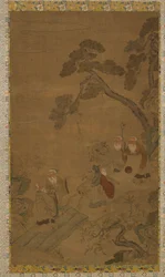 Tapeçaria: cinco sábios em um jardim sob pinheiros, dinastia Ming a dinastia Qing, 1368-1911.