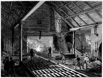 Batendo em um alto-forno e executando ferro fundido nos porcos, c1885