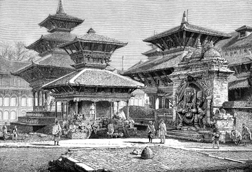 Templos de frente para o Royal Place, Katmandu, Nepal, 1895