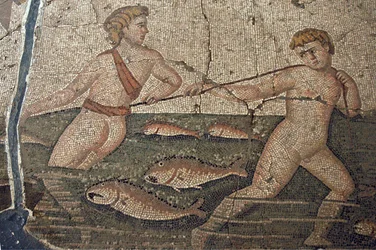 Thalasse and the Nude Fishermen mosaic from Vakto, detail, Turkey,