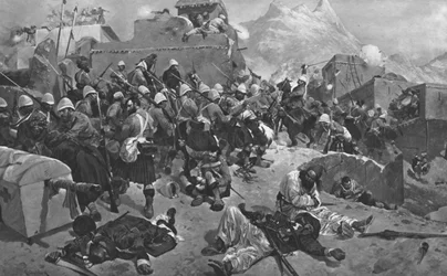 A Guerra do Afeganistão, 1878-80: 91º Highlanders e os 2º Gurkas atacando Gandia Mullah, 1901.