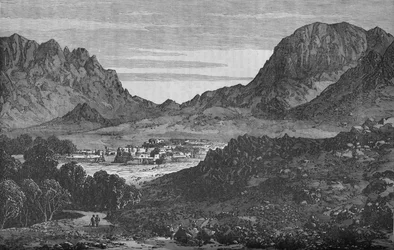 O vale de Argandab, mostrando à direita as colinas da passagem de Baba Wali, c1880