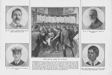 The Awful News em Lloyds, com retratos de alguns dos que estavam a bordo do Titanic, em 20 de abril de 1912.