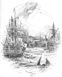 A batalha foi mantida com fúria inabalável por mais de quatro horas, c1895, 1902
